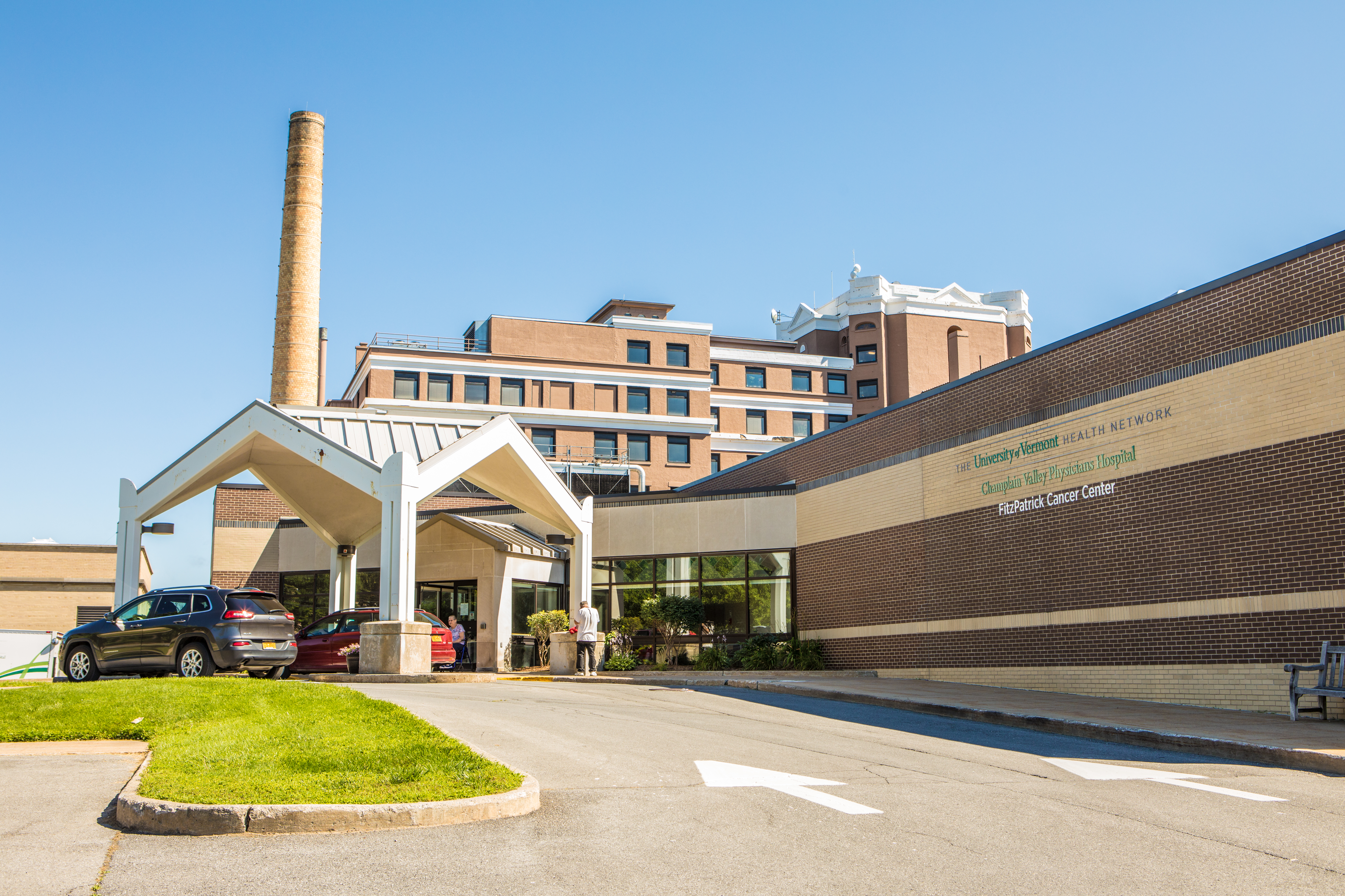 The entrance to Champlain Valley Phyicians Hospital FitzPatrick Cancer Center in Plattsburg, NY.