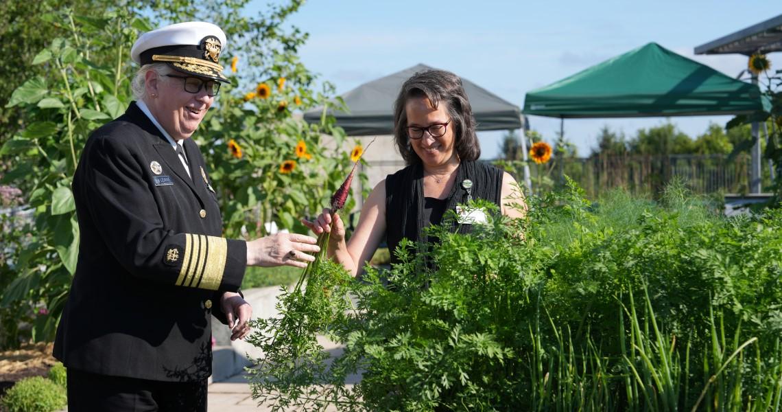 Adm. Rachel Levine, MD, tours the Culinary Medicine garden at UVM Medical Center.