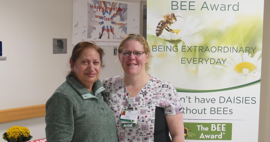Patty Taylor, a nurse aide and BEE award winner poses for photo with Rubeena Chaudrey, RN 