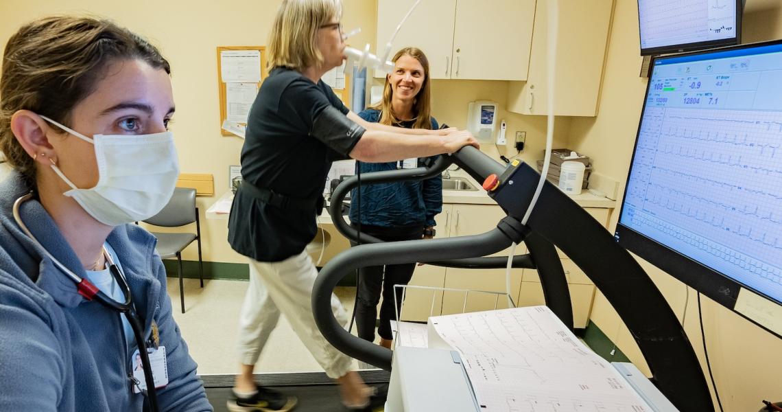 Patient walking on a treadmill in UVMMC cardiac rehabilitation. 