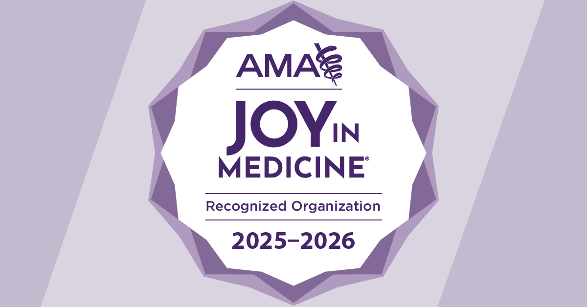 Badge showing the AMA Joy in Medicine recognized organization for 2025-2026.