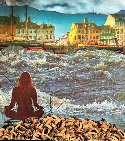 Collage by Suzanne Rexford-Winston, Rough Water, shows a woman sitting on shore looking out at town and rough seas
