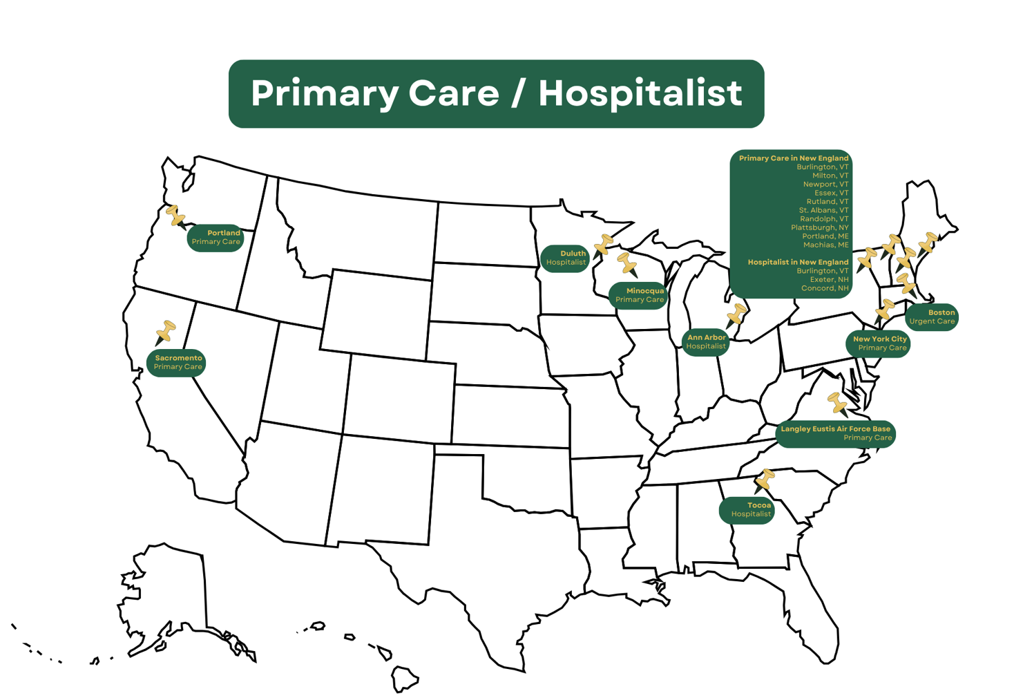 Map of the United States that show where pediatric residents went onto practice in primary care and as hospitalists.
