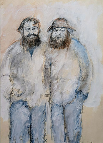 Drawing of two men standing side by side by Ray Brown
