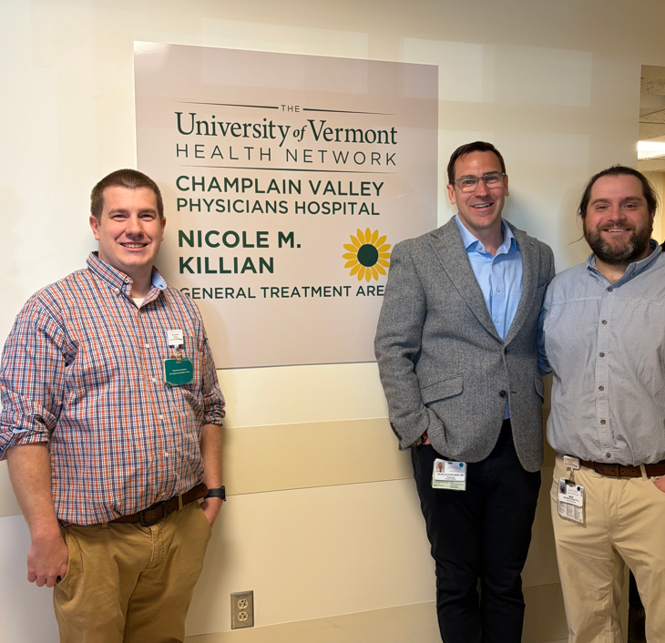 The University of Vermont Health Network – Champlain Valley Physicians Hospital (CVPH) Emergency Department (ED) recently dedicated its General Treatment Area to friend and colleague, the late Nicole M. Killian, NP. From left are CVPH ED Nurse Manager Michael Wells, RN, CVPH ED Medical Director Nicholas Aunchman, MD and CVPH ED Advanced Practice Provider Manager Maurice Pauquette, PA.