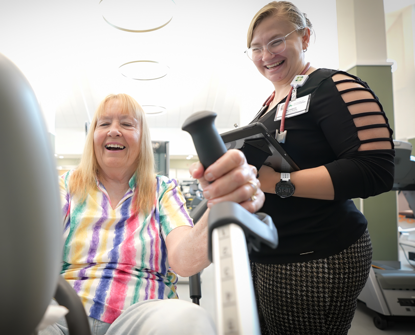 Catherine Sprague, left, works out at the new 5,700 square foot rehabilitation facility at University of Vermont Health Network – Elizabethtown Community Hospital.