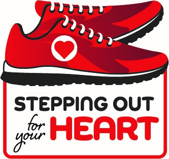 Illustrated logo of two red sneakers above the words, "Stepping out for your heart".