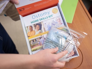 Close-up of an ostomy home skills kit.