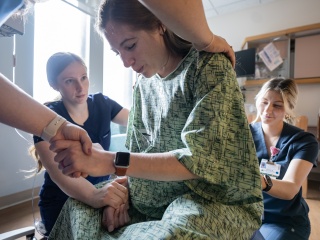 Champlain Valley Physicians Hospital nurses help a patient during labor at the Alice T. Miner Women & Childrens Center.