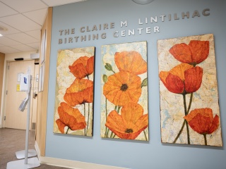 A close-up of the Claire M. Lintilhac Birthing Center welcome sign.