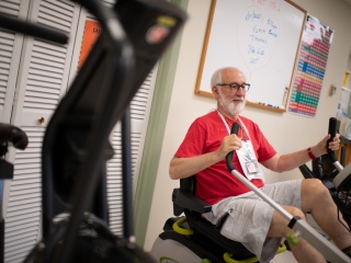 A patient exercises during a cardiac rehabilitation session.