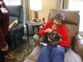 Resident pets the facility cat at Alice Hyde Medical Center’s Alice Center Assisted Living in Malone, NY.