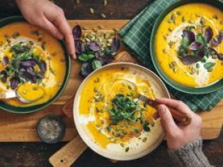 Close-up of a bowl of squash soup.