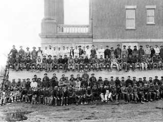 Historical photo of construction crew building Champlain Valley Physicians Hospital.