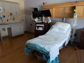 Close-up of a bed in the birthing center.