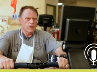 Adult man exercises during cardiac rehabilitation session.