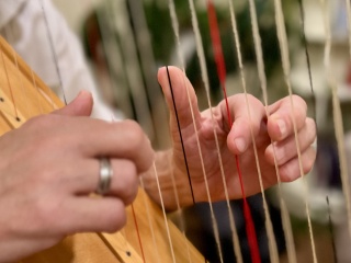 Matthew Von Behrens plays the harp.
