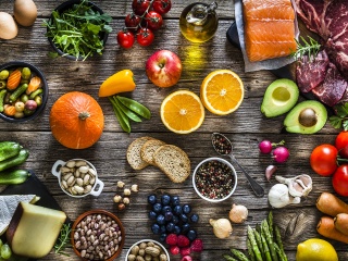 Stock photo of fruits and vegetables on a table.
