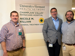 The University of Vermont Health Network – Champlain Valley Physicians Hospital (CVPH) Emergency Department (ED) recently dedicated its General Treatment Area to friend and colleague, the late Nicole M. Killian, NP. From left are CVPH ED Nurse Manager Michael Wells, RN, CVPH ED Medical Director Nicholas Aunchman, MD and CVPH ED Advanced Practice Provider Manager Maurice Pauquette, PA.