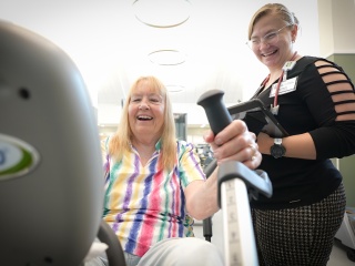 Patient Catherine Sprague exercises at ECH's cardiac rehabilitation facility with Elizabeth Wendel, clinical exercise physiologist.