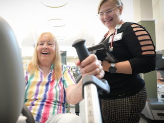 Catherine Sprague, left, works out at the new 5,700 square foot rehabilitation facility at University of Vermont Health Network – Elizabethtown Community Hospital.