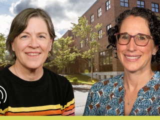 Portraits of Colleen Horan, MD and Kirsten Berggren, NP overlaid with a white icon of a microphone. 