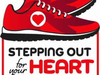 Illustrated logo of two red sneakers above the words, "Stepping out for your heart".