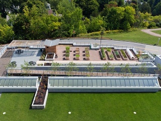A garden lines the rooftop at the University of Vermont Medical Center.