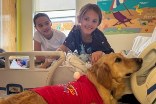 9-year-old Eliza Andrews visits with a therapy dog while in her hospital bed at Golisano Children's Hospital.