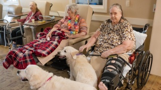 Residents sit in chairs with two dogs at their feet.