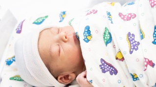 A newborn baby at the Alice T. Miner Women & Children's Center lies in a bassinet. 