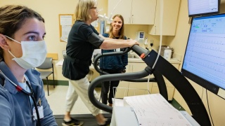 Patient walking on a treadmill in UVMMC cardiac rehabilitation. 