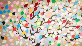Close-up of a leaves on a tree mural at the cancer treatment center.