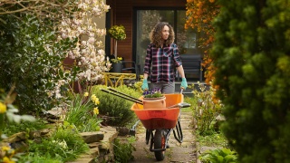 Stock photo of an adult woman wheeling a wheelbarrow down a garden path.