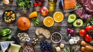 Stock photo of fruits and vegetables on a table.