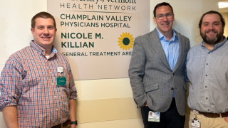 The University of Vermont Health Network – Champlain Valley Physicians Hospital (CVPH) Emergency Department (ED) recently dedicated its General Treatment Area to friend and colleague, the late Nicole M. Killian, NP. From left are CVPH ED Nurse Manager Michael Wells, RN, CVPH ED Medical Director Nicholas Aunchman, MD and CVPH ED Advanced Practice Provider Manager Maurice Pauquette, PA.