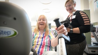 Patient Catherine Sprague exercises at ECH's cardiac rehabilitation facility with Elizabeth Wendel, clinical exercise physiologist.
