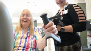 Catherine Sprague, left, works out at the new 5,700 square foot rehabilitation facility at University of Vermont Health Network – Elizabethtown Community Hospital.