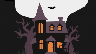 Illustration of a black haunted mansion, with orange windows surrounded by purple trees and two bats.