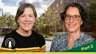Two providers' portrait images are pictured in front of a brick building on a podcast promotional graphic featuring a microphone icon and the text “Part 2.”