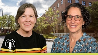 Portraits of Colleen Horan, MD and Kirsten Berggren, NP overlaid with a white icon of a microphone. 
