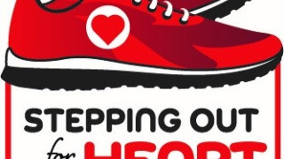 Illustrated logo of two red sneakers above the words, "Stepping out for your heart".