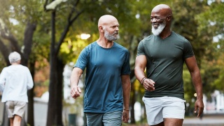 Two men walk in a park for exercise.