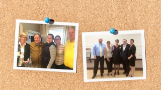 Family photos of Maureen Leahy with her father are pinned to a board.