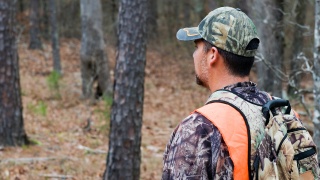 A man goes deer hunting in the woods wearing an orange safety vest.