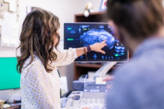 A reproductive medicine specialist points to a sonograph as a paitent looks on.
