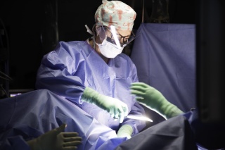 A surgeon conducts a hysterectomy on a patient.