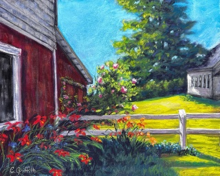 Barn Joy by Cindy Griffen painting of red barn with flowers along side.