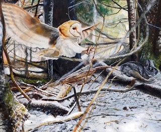 Fell Swoop by Gabriel Tempesta is a painting showing an owl with swooping down to catch a fleeing rabbit