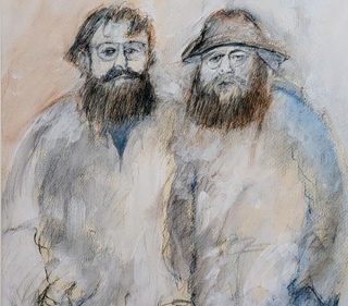 Drawing of two men standing side by side by Ray Brown